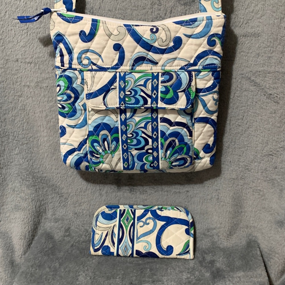 Vera Bradley Blue Green Paisley Quilted Crossbody Bag and Matching Glasses Case